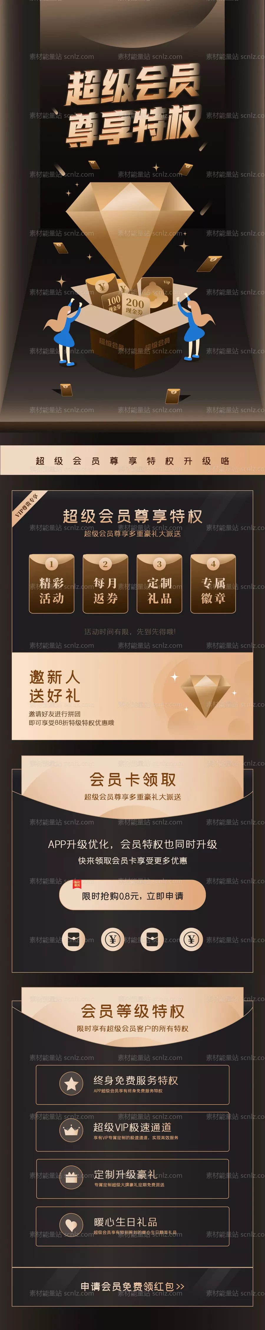 素材能量站-黑金扁平H5超级会员尊享特权长图