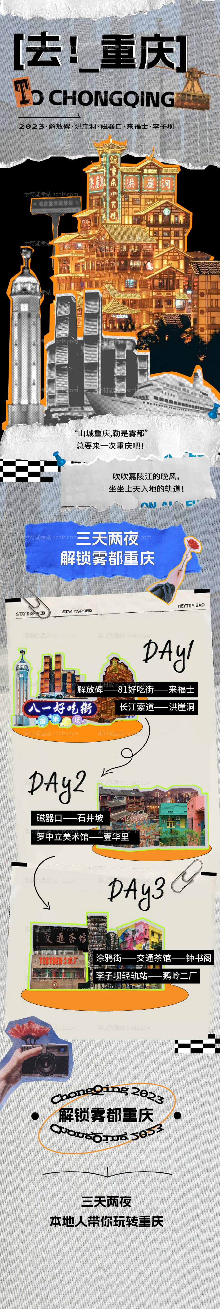 素材能量站-重庆洪崖洞长图旅游攻略复古拼贴海报