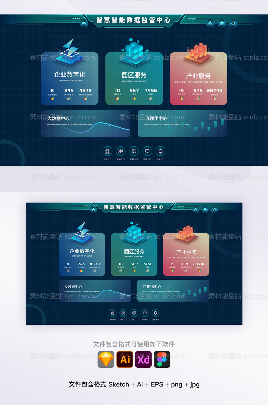素材能量站-科技智慧智能可视化大屏管理系统首页（sketch+AI+EPS格式）