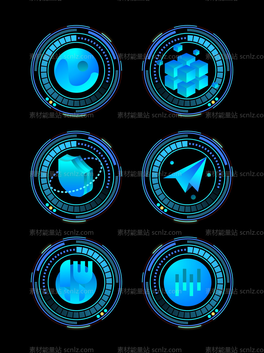 素材能量站-科技感3D立体蓝色图标旋转圆环UI控件UI控件（全部矢量 包含sketch+AI+EPS+PNG格式）