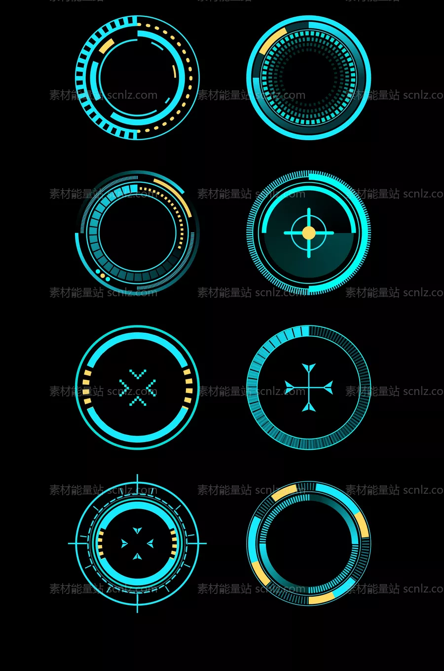 素材能量站-科技机械边框几何图案旋转可视化圆环素材UI组件（全部矢量 sketch+AI+EPS+png格式）