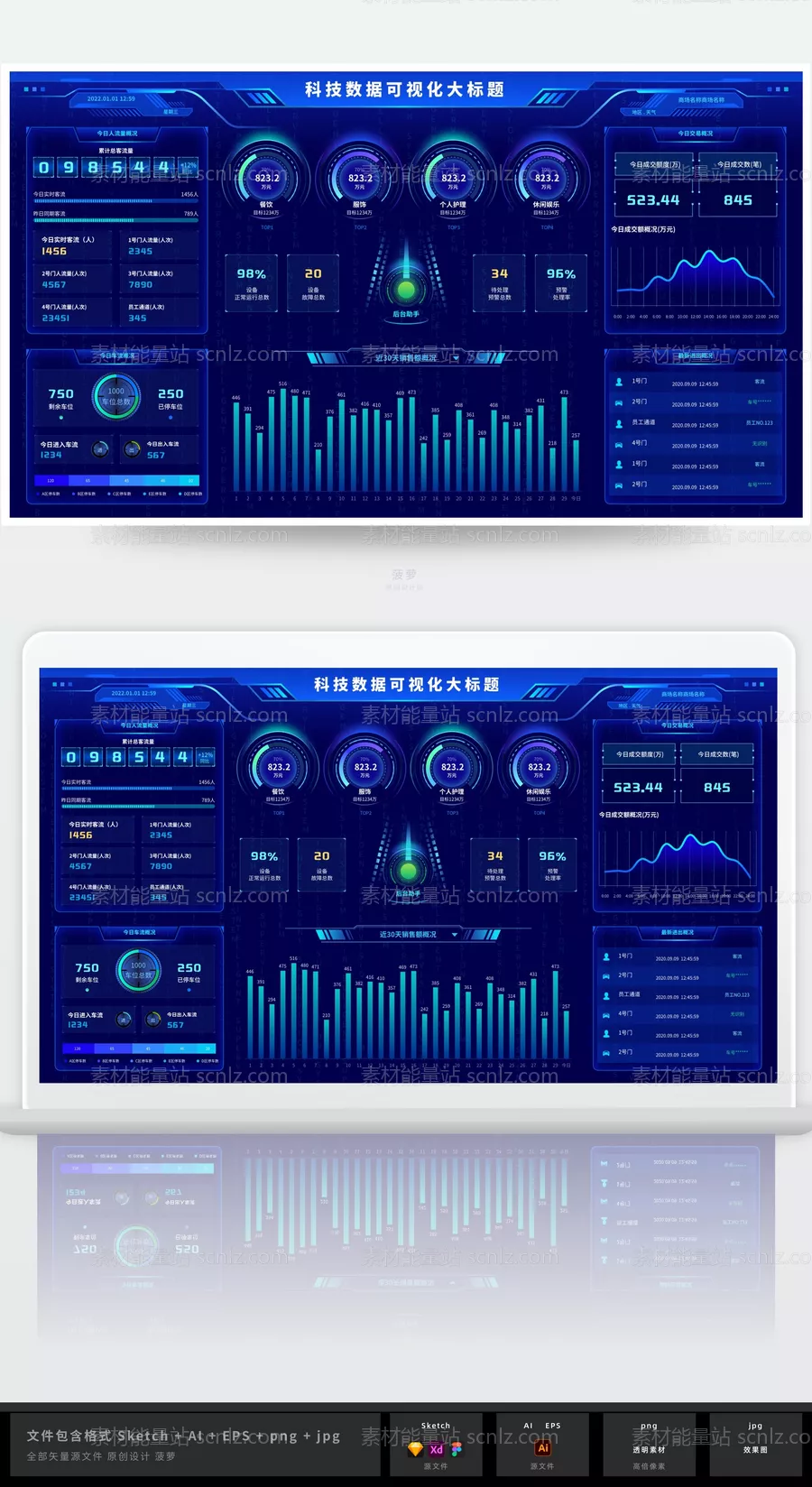 素材能量站-科技蓝大数据可视化智慧大屏统计后台UI
