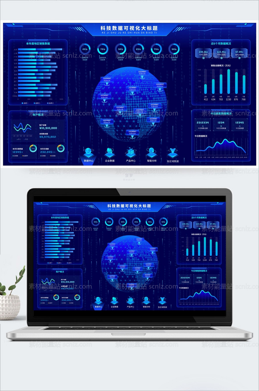 素材能量站-科技蓝大数据可视化图表统计后台大屏Ui首页