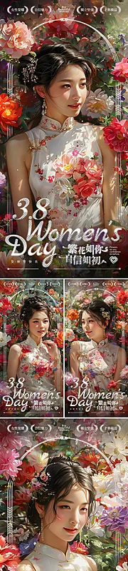 素材能量站-38女神节繁花少女海报